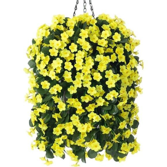 Artificial Fake Hanging Outdoor Flowers Plants Basket, Faux Silk Yellow Orchid - Picture 1 of 7